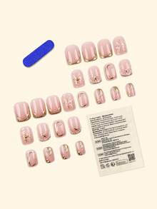 24pcs Short Square 3D Gold Glitter French Press-On Nails With Rhinestones, Acrylic Nail Tips, Includes Jelly Glue And Nail File, Suitable For Parties, Events, Daily Wear. Suitable For Women And Girls. Includes Nail Tools. Shapeable Nail Set - Multicolor - View 2
