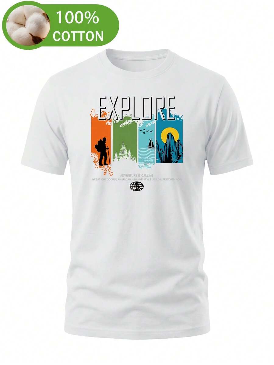 Men's 100% Cotton Short Sleeve T-Shirt, Summer Loose Fit, Outdoor Adventure Mountain Peak Sunset Pattern, Skin-Friendly, Soft - White - View 1
