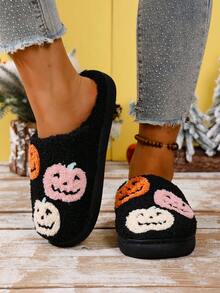 3 Pairs Pumpkin Style Fashion Party Slippers Women's Autumn/Winter Home Indoor Plush Warm Slip-On Women's Slippers,Halloween - Black - View 5