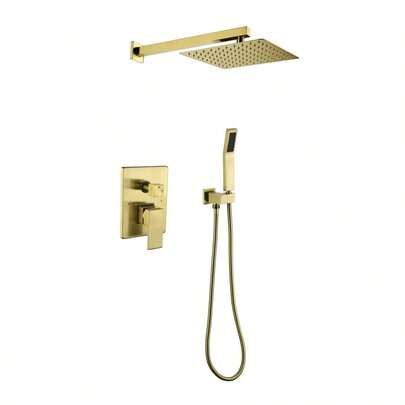 Brushed Gold Shower System, Bathroom 10 Inches Rain Shower Head With Handheld Combo Set, Wall Mounted High Pressure Rainfall Dual Shower Head System, Shower Faucet Set With Valve And Trim-XY599068