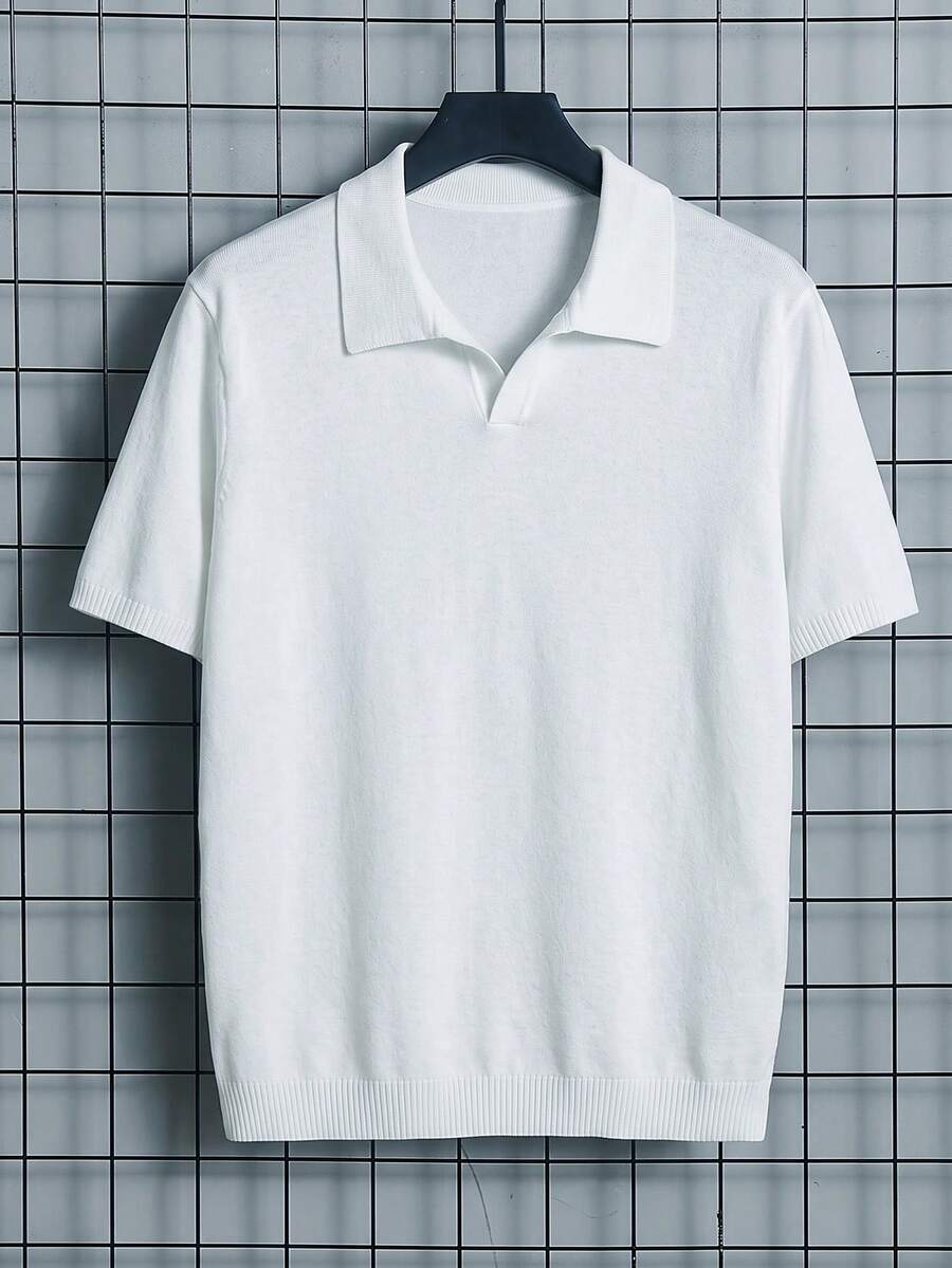 男士純色 Polo 領休閒通勤針織上衣 - 白色 - 查看 1
