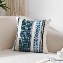 Miater 1pc/2pcs Wabi-Sabi Style 3D Patchwork Plush Throw Pillow, Bohemian Textured Striped Woven Cushion, Creamy Style Living Room Sofa Removable Washable Square Pillowcase - Blue - View 1