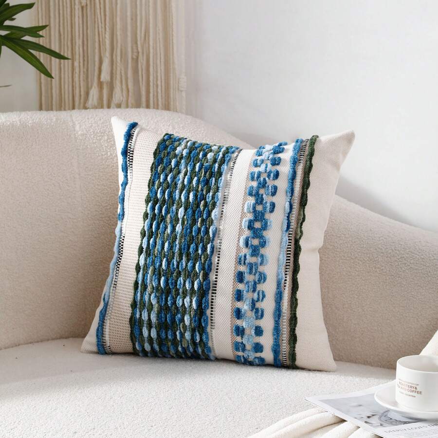 Miater 1pc/2pcs Wabi-Sabi Style 3D Patchwork Plush Throw Pillow, Bohemian Textured Striped Woven Cushion, Creamy Style Living Room Sofa Removable Washable Square Pillowcase - Blue - View 1