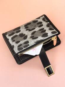 Billetera corta de moda clásica con estampado de leopardo y patchwork, tarjetero de PU marrón con hebilla exquisita, organizador de documentos, compacto y ligero - Negro - Ver 3