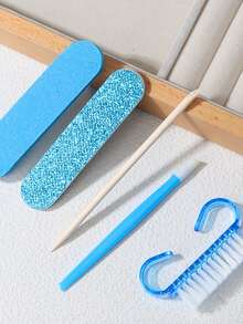 6pcs Blue Nail Art Tool Set, Includes Nail File, Sponge Buffer, Nail Dust Brush, Cuticle Pusher And Wooden Orange Stick, Portable DIY Nail Care Kit - White - View 7