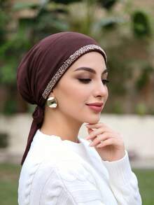1PC Women's Fashion Solid Color Rhinestone Muslim Tie-Up Hat, Versatile Scarf Headwrap Underscarf, Suitable For Daily Wear - 005-coffee - View 4