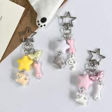 1pc Ins Cute Delicate Minimalist Silver Chain Cross Resin Star Bowknot Flocked Multi-Color Rabbit Bear Pendant Keychain Bag Charm, Suitable For Girls Women Daily Wear, Holiday Gift - Multicolor - View 1