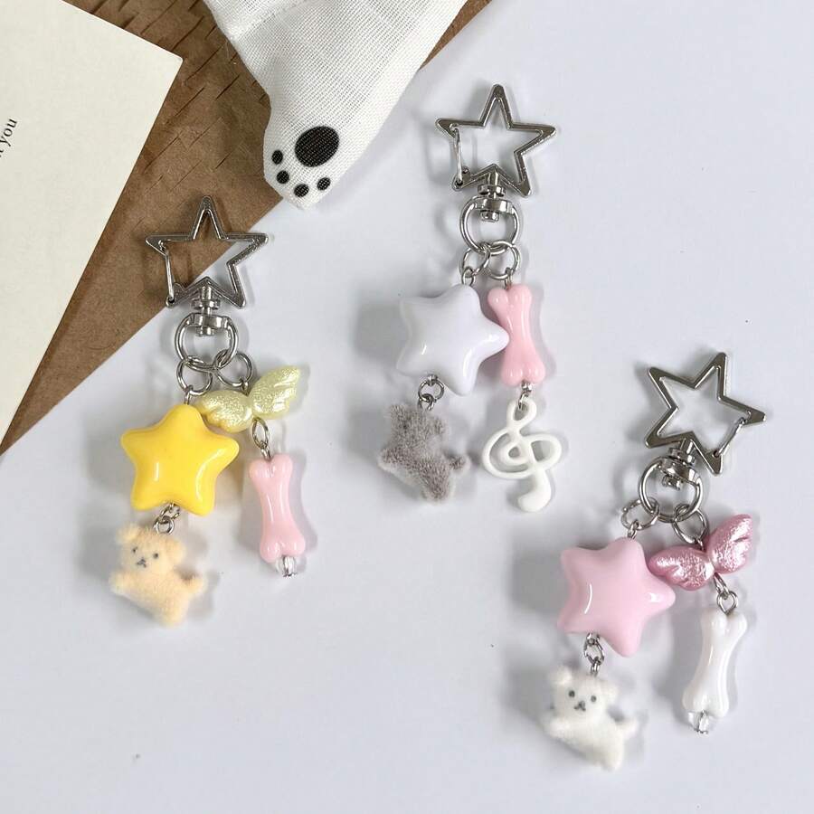 1pc Ins Cute Delicate Minimalist Silver Chain Cross Resin Star Bowknot Flocked Multi-Color Rabbit Bear Pendant Keychain Bag Charm, Suitable For Girls Women Daily Wear, Holiday Gift - Multicolor - View 1