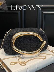 Women's Fashionable Box-Shaped Shell Clutch Bag, Shiny Elegant Romantic Style, Suitable For Shopping, Commuting, Party, Evening Banquet, Black - Black - View 1