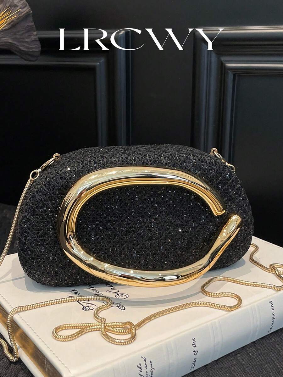 Women's Fashionable Box-Shaped Shell Clutch Bag, Shiny Elegant Romantic Style, Suitable For Shopping, Commuting, Party, Evening Banquet, Black - Black - View 1