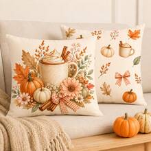 2pcs Cozy Fall Drink & Pumpkin Pillow Covers, Gingham Bow Autumn Cushion Covers For Sofa Bedroom(Pillow Inserts Not Included) - Multicolor - View 7
