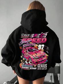 Sweatshirt Pullover Lengan Panjang Berkerudung Minimalis dengan Desain Bahu Jatuh, Motif Tema Balap dengan Logo 97, Atasan Lengan Panjang Kasual Serbaguna Warna Hitam untuk Musim Gugur - Hitam - View 1