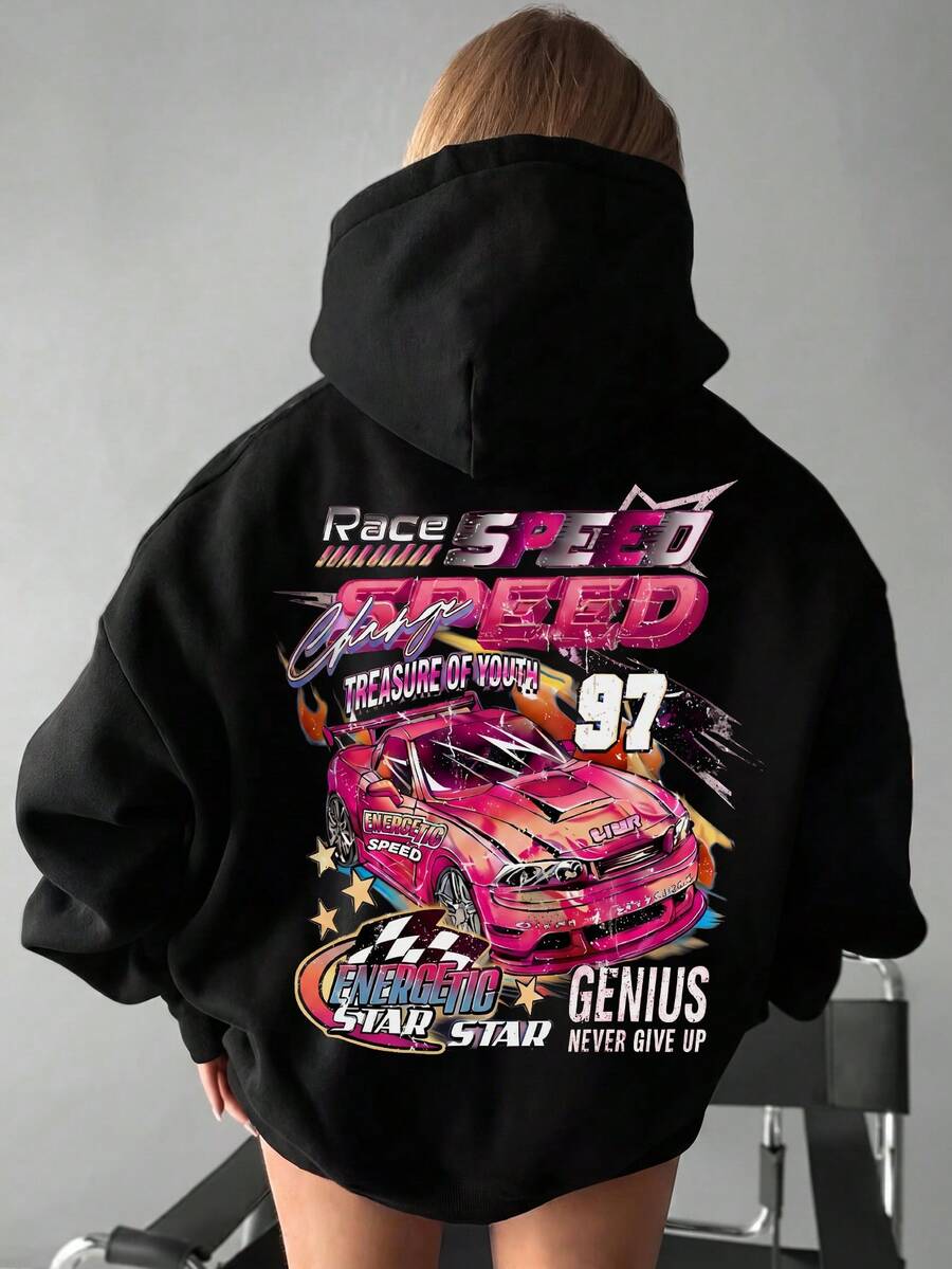 Sweatshirt Pullover Lengan Panjang Berkerudung Minimalis dengan Desain Bahu Jatuh, Motif Tema Balap dengan Logo 97, Atasan Lengan Panjang Kasual Serbaguna Warna Hitam untuk Musim Gugur - Hitam - View 1
