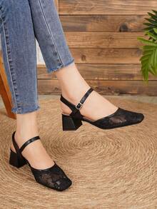 2026 New Women's Apricot Lace Mary Jane Slingback 4.5cm Chunky Heel High Heels Square Toe Single Strap Closed Toe Pumps Wedding Elegant Versatile French Style Shoes - Black - View 1