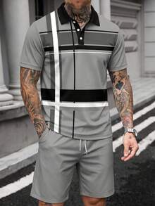 Men's Business/Casual Striped Short Sleeve Polo Shirt And Shorts Set - Light Grey - View 2