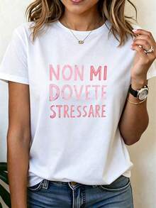 女款圓領短袖T恤－黑色，印有大膽義大利語短句「Non Mi Dovete Stressare」，春夏休閒穿著。白色 - 白色 - 查看 8