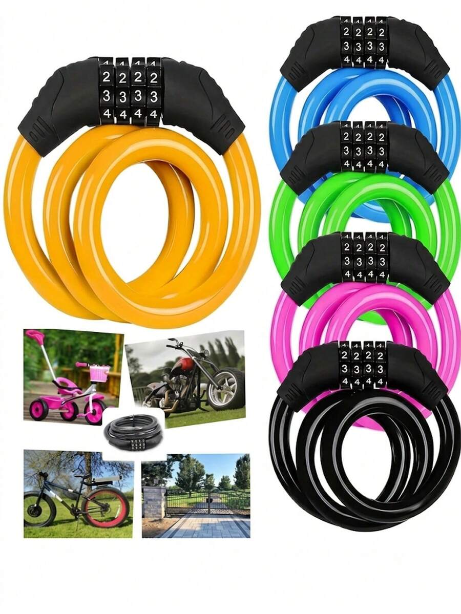 Gembok Kombinasi Baja dengan Fungsi Reset, Cocok untuk Anti Pencurian Sepeda, Struktur Kawat Baja/PVC, Desain Kata Sandi 4 Digit, Cocok untuk Sepeda Gunung, Sepeda Balap, Sepeda Listrik, dan Sepeda Motor | Gembok Sepeda Kawat Baja