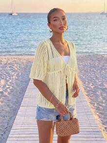 Áo khoác cardigan dệt kim dáng rộng, khoét lỗ, buộc dây, kiểu dáng tối giản cho nữ mùa hè, cổ thấp, tay ngắn, chất liệu lưới móc nhẹ, chống nắng. - Màu be - Xem 10
