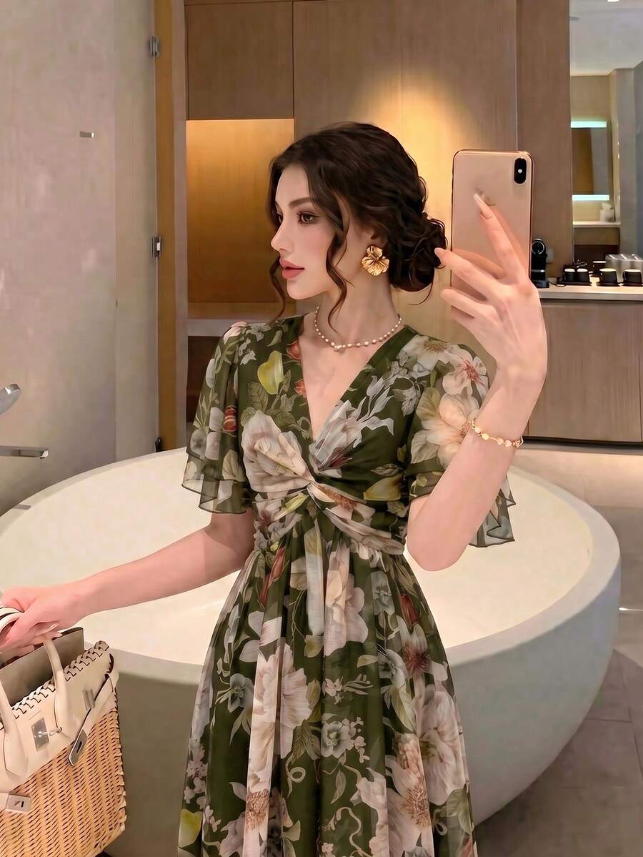 女款新款優雅浪漫花卉修身喇叭裙 夏季度假 - 軍綠色 - 查看 1