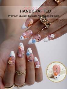10 pezzi di adesivi per unghie fatti a mano con bordo francese color albicocca nudo, unghie finte classiche, mini fiori 3D colorati con decorazioni miste di strass, adesivi per arte di unghie stile dolce macaron girly, adatti per uso quotidiano, spose, feste di vacanza, forniture per arte di unghie, unghie press-on fatte a mano - Multicolore - Visualizzare 3
