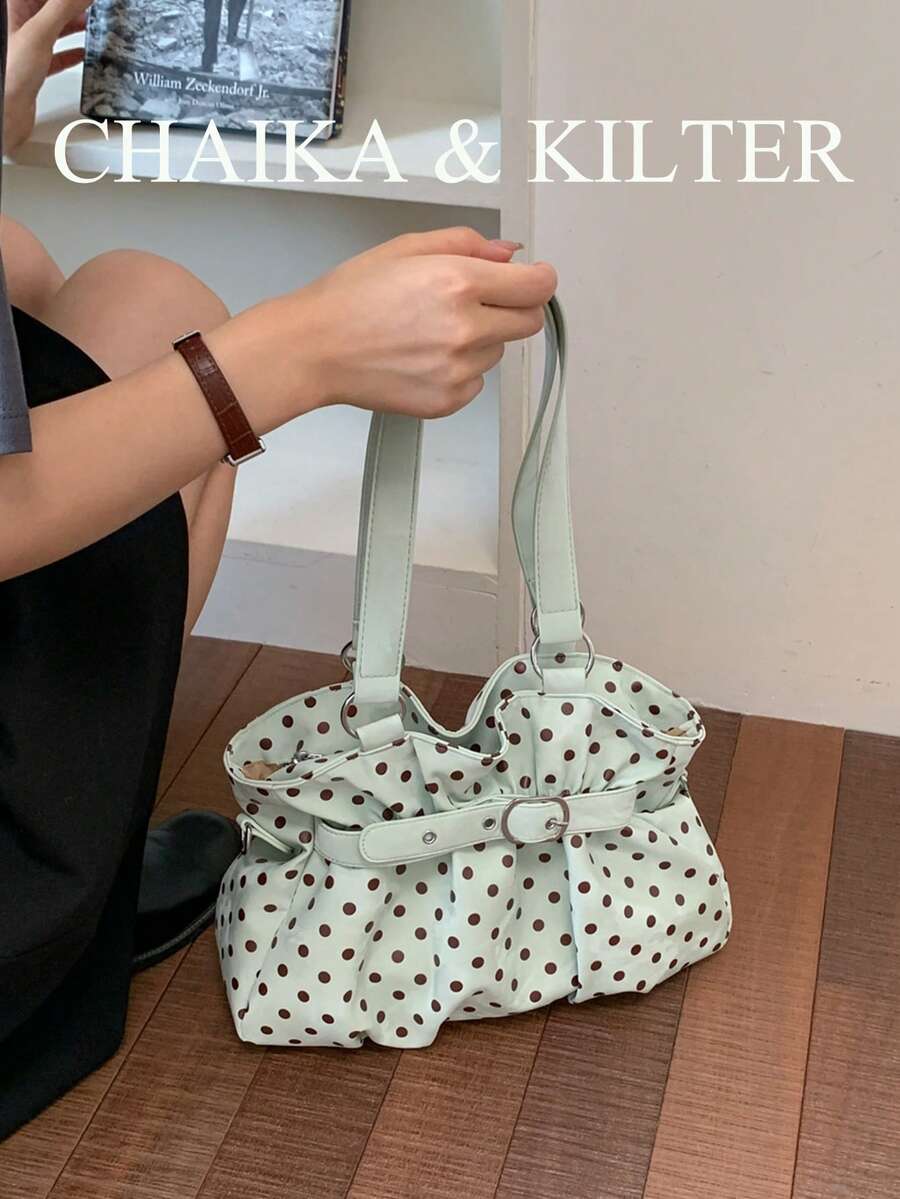 CHAIKA & KILTER 1件裝拼色PU布料托特包，女款時尚肩背托特包，滿版圓點圖案，雙手把設計，拉鍊開合，飾帶裝飾，適合日常與街頭使用