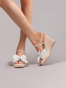 Fashionable Rope Wedge Platform Sandals With Polka Dot Pattern, Open Toe, High Heel Slides, Summer Vacation Casual Chunky Heel High Heels For Women - White - View 7