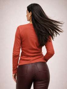 Women's Ribbed Knit V-Neck Long Sleeve Plush Blouse Casual Elegant Chic Comfortable Warm Autumn Winter 2026 Fashion  Bordeaux - 紅陶 - 查看 3