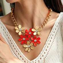 1pcCluster Flower Statement Necklace, Retro Casual  Look, Daily Holiday Styling, Rhinestone Floral Collar Ornament - 深藍毛衣鏈 - 查看 6