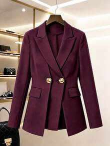 Women's Autumn Commute Daily Solid Color Double-Breasted Design Waist-Cinching Double-Row Button Long Sleeve Blazer - Burgundy - View 2