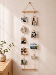 1 PC Bohemian Style DIY Wooden Hanging Photo Rack With Clips, Family Photo Album Memory Card Holder, Wall-Mounted Photo Organizer, Country Style Memory Photo Rack, Suitable For Bedroom And Living Room Decoration - Multicolor - View 1