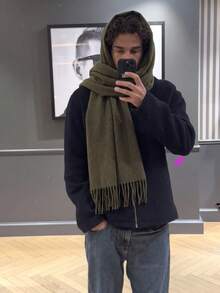 1件秋冬時尚優雅純色羊毛保暖披肩圍巾，中性休閒防寒流蘇披肩，適合日常穿著 - 咖啡 - 查看 5