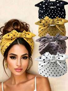 1/5pcs Back To School Polka Dot Rabbit Ear Headband Set, Wide Knot Headband, Elastic Bow Hair Tie, Cute Women's Hair Accessories, Autumn/Winter Vacation Style - Multicolor - View 1