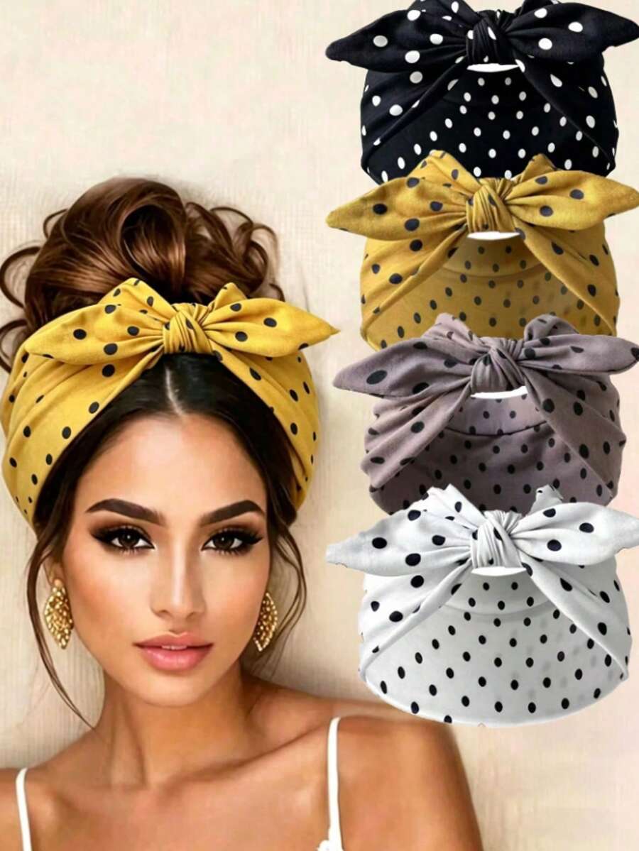 1/5pcs Back To School Polka Dot Rabbit Ear Headband Set, Wide Knot Headband, Elastic Bow Hair Tie, Cute Women's Hair Accessories, Autumn/Winter Vacation Style - Multicolor - View 1