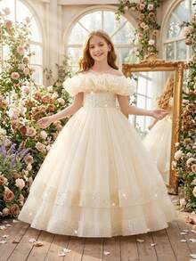 Vestido largo de graduación para niñas preadolescentes sin mangas con organza plisada, lentejuelas y malla, adecuado para la graduación escolar, diadema no incluida - Champán - Ver 3