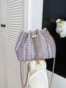 Mini New Fashion Straw Woven Gold Chain Drawstring Bucket Bag Beach Bag - Blue - View 4