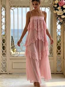 Women's Lace Asymmetrical Elegant Long Ruffle Hem Maxi Dress, Sleeveless Fashion Graduation Prom Party Evening Gown Wedding, For Her Fall - Baby Pink - View 8