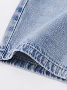 1件青少年女孩櫻桃刺繡鬆緊腰寬腿牛仔褲，寬鬆休閒牛仔長褲，時尚百搭 - 淺色水洗藍 - 查看 6