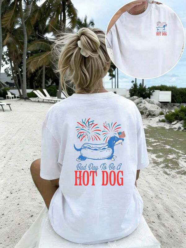 T-shirt feminina de gola redonda com estampa dupla, padrão "Bad Day" com cachorro salsicha, bandeira americana e fogos de artifício, top casual de manga curta e tecido macio, Fu