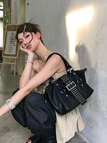 韓系小眾設計復古機車女款托特包，慵懶大容量百搭時尚通勤逛街日常購物單肩斜跨包 - 黑色 - 查看 3
