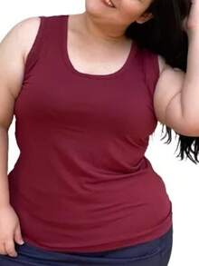 Women's Sleeveless Burgundy T-Shirt With A Round Neck, Regular Length, Highly Elastic Fabric, And Ribbed Knit Details. - Burgundy - View 3