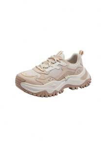 CAMEL CROWN Women's Spring Thick-Soled Height-Increasing Breathable Versatile Fashionable Casual Sports Chunky Sneakers - White Rice Apricot - View 1