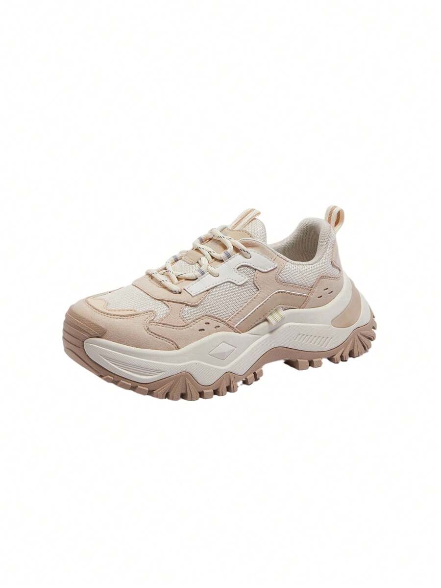 CAMEL CROWN Women's Spring Thick-Soled Height-Increasing Breathable Versatile Fashionable Casual Sports Chunky Sneakers - White Rice Apricot - View 1