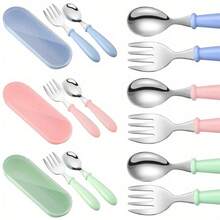 2pcs Stainless Steel Fork & Spoon Set For Toddlers, Children's Baby Feeding Utensils, Rounded Handle Portable Lunch Box Baby Eating Spoon & Fork, Back To School - Multicolor - View 4