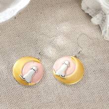 New Fashion Cute Dog Moon Round Dangle Earrings, Adorable Pet Animal Jewelry, Versatile For Daily, Wedding, Party, Date, Perfect Birthday Holiday Gift For Women - Gold - View 6