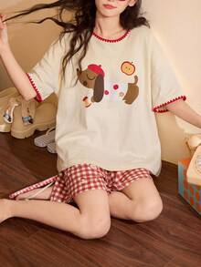2pcs/Set Women's Pajamas Loungewear Set, Cute Puppy Print Pattern Simple Casual Japanese Style Fashion Pullover Round Neck Short Sleeve Shorts, Comfortable For Home Wear - Multicolor - View 6
