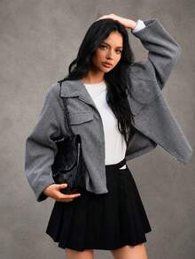 Mantel Wanita Ukuran Besar, Jaket Lengan Pendek dengan Kerah, Cocok untuk Kegiatan Sehari-hari dan Perjalanan. - Grey - View 6