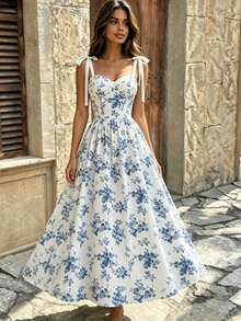 Este elegante vestido midi presenta un romántico estampado floral, escote halter con lazo, escote corazón, cintura ajustada y falda amplia. Perfecto para primavera, verano - Azul - Ver 8