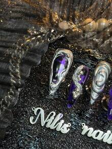 10 Peças Unhas Postiças Stiletto Feitas à Mão Totalmente Cobertas, Unhas Roxas Violetas, Estilo Alienígena Gótico Y2K, Reutilizáveis, Adequadas para Cosplay de Halloween, Festa de Clube Punk, Show de Rock, Estilo Diário de Garota Quente de Rua, com Cola de Gelatina e Lixa de Unha - Púrpura - Visão 6