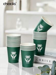 choxila 25/50/100 buah Gelas Kertas Sekali Pakai 9oz, Motif Pohon Palem, Gelas Pesta Hijau, Cocok Untuk Minuman Panas/Dingin, Hari Nasional Saudi, Pesta, Rumah, Kantor, dan Penggunaan Sehari-hari - Hijau - View 4
