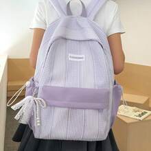 極簡風翻蓋後背包，附前置拉鍊口袋、可拆卸吊飾、可調節肩帶，女性日常時尚後背包 - 紫色 - 查看 3